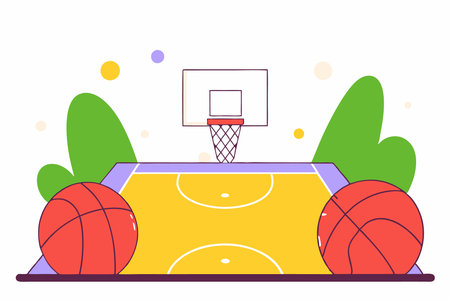 basketball, sport, game, scenery, illustration, white background, high resolution, 8k, basketball court, hoop, basketball player, team sport, game action, sports illustration, basketball vector, basketball art, basketball design, athletes, team play, slam dunk, basketball net, dribbling, passing, shooting hoops, basketball game, sports vector, court illustration, player action, basketball match, athletic performance, teamwork, basketball icons, sports scenery, ball in motion, game strategy, sports dynamics, energetic play, competitive game, court scene, game illustration, high-quality art.のイラスト素材