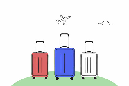 Bright travel luggage and plane in the sky illustration on white backgroundのイラスト素材