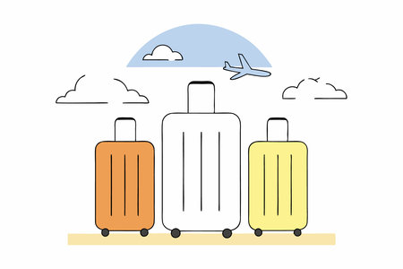 Bright travel luggage i and plane in the sky illustration on white backgroundのイラスト素材