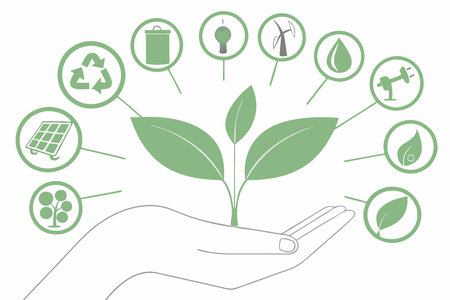 Hand holding plant with environmental icons illustration on white backgroundのイラスト素材
