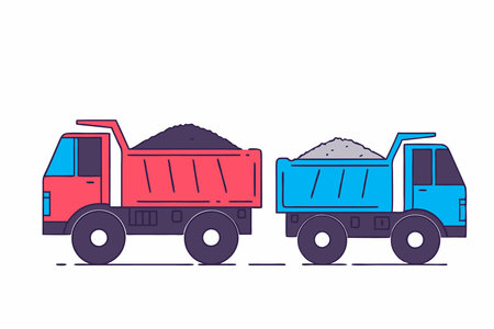 Two dump trucks - one red and one blue - with sand loads illustration art on white backgroundのイラスト素材