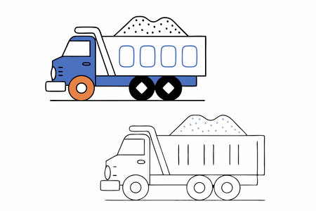 Two dump trucks with blue and white bodies carrying sand, shown as illustration art on white backgroundのイラスト素材