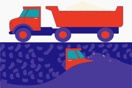 Two orange dump trucks with blue closed and open body with sand illustration art on white backgroundのイラスト素材