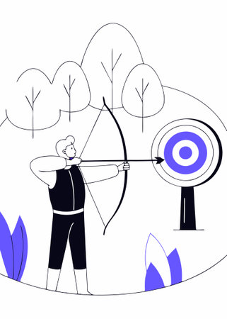 Archer with bow and arrow aiming at bullseye of target outdoors Shooter bowman with longbow pointing...