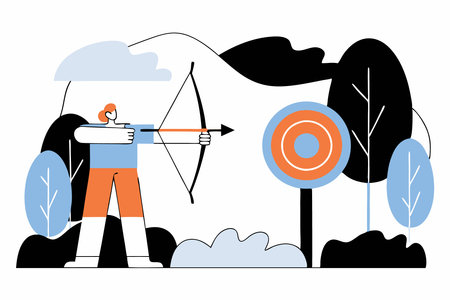 Archer with bow and arrow aiming at bullseye of target outdoors Shooter bowman with longbow pointing training Archery leisure activity Flat illustration art on white backgroundのイラスト素材