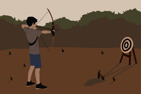 Archer with bow and arrow aiming at bullseye of target outdoors Shooter bowman with longbow pointing training Archery leisure activity Flat illustration art on white backgroundのイラスト素材