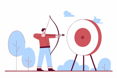 Archer with bow and arrow aiming at bullseye of target outdoors Shooter bowman with longbow pointing training Archery leisure activity Flat illustration art on white backgroundのイラスト素材