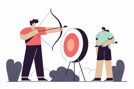 Archer with bow and arrow aiming at bullseye of target outdoors Shooter bowman with longbow pointing training Archery leisure activity Flat illustration art on white backgroundのイラスト素材