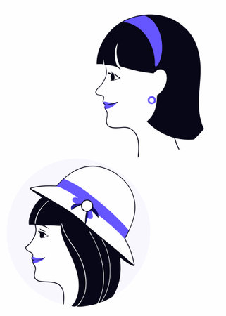 Happy woman head portrait Young girl profile in circle wearing fashion hat Pretty female face user Modern elegant lady Flat concept illustration art on white backgroundのイラスト素材