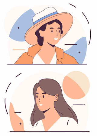 Happy woman head portrait Young girl profile in circle wearing fashion hat Pretty female face user Modern elegant lady Flat concept illustration art on white backgroundのイラスト素材