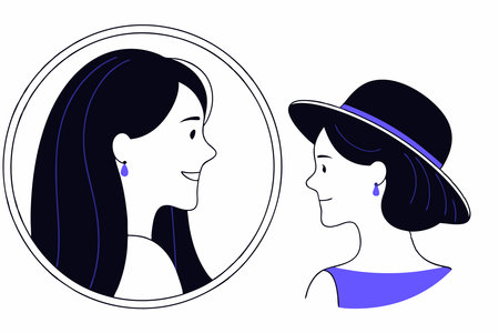Happy woman head portrait Young girl profile in circle wearing fashion hat Pretty female face user Modern elegant lady Flat concept illustration art on white backgroundのイラスト素材