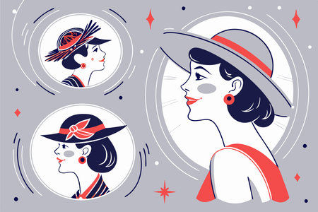 Happy woman head portrait Young girl profile in circle wearing fashion hat Pretty female face user Modern elegant lady Flat concept illustration art on white backgroundのイラスト素材