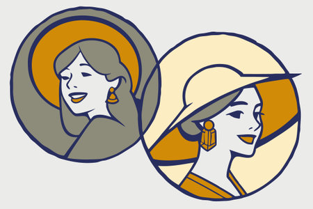 Happy woman head portrait Young girl profile in circle wearing fashion hat Pretty female face user Modern elegant lady Flat concept illustration art on white backgroundのイラスト素材