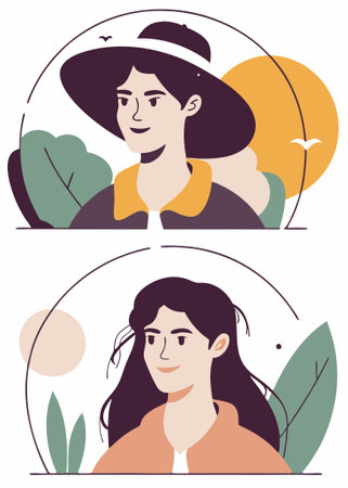 Happy woman head portrait Young girl profile in circle wearing fashion hat Pretty female face user Modern elegant lady Flat concept illustration art on white backgroundのイラスト素材