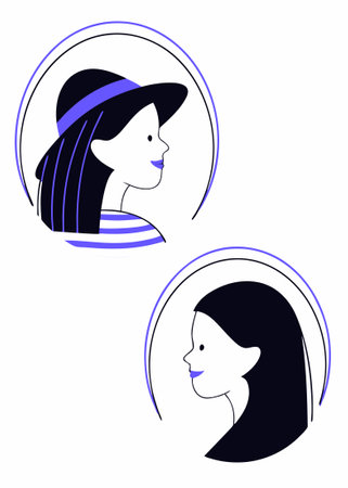 Happy woman head portrait Young girl profile in circle wearing fashion hat Pretty female face user Modern elegant lady Flat concept illustration art on white backgroundのイラスト素材