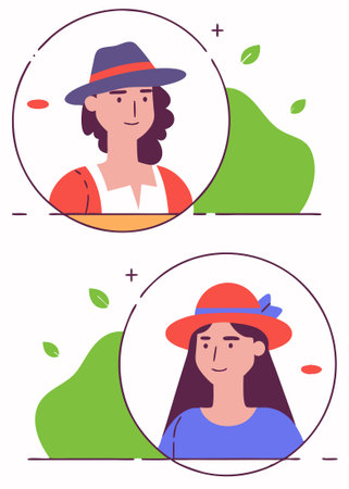 Happy woman head portrait Young girl profile in circle wearing fashion hat Pretty female face user Modern elegant lady Flat concept illustration art on white backgroundのイラスト素材