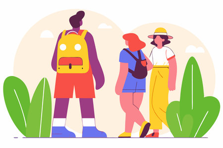 People wearing summer outfit panama back view Tourist with backpack with lgbt non binary patches standing Young woman in bucket hat walking Flat isolated vector illustration on white backgroundのイラスト素材