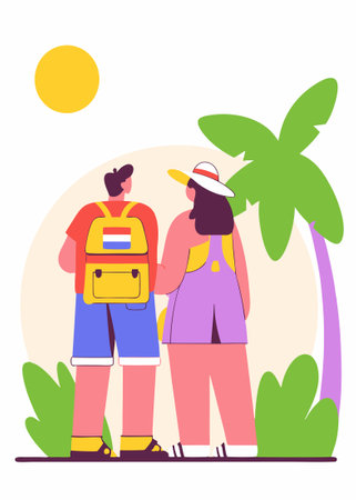 People wearing summer outfit panama back view Tourist with backpack with lgbt non binary patches standing Young woman in bucket hat walking Flat isolated vector illustration on white backgroundのイラスト素材