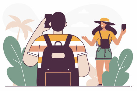 People wearing summer outfit panama back view Tourist with backpack with lgbt non binary patches standing Young woman in bucket hat walking Flat isolated vector illustration on white backgroundのイラスト素材