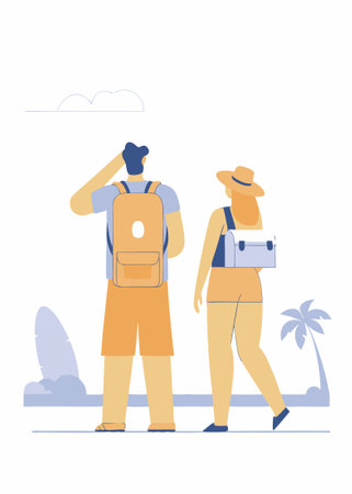 People wearing summer outfit panama back view Tourist with backpack with lgbt non binary patches standing Young woman in bucket hat walking Flat isolated vector illustration on white backgroundのイラスト素材