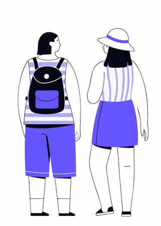 People wearing summer outfit panama back view Tourist with backpack with lgbt non binary patches standing Young woman in bucket hat walking Flat isolated vector illustration on white backgroundのイラスト素材