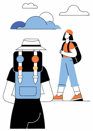 People wearing summer outfit panama back view Tourist with backpack with lgbt non binary patches standing Young woman in bucket hat walking Flat isolated vector illustration on white backgroundのイラスト素材