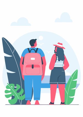 People wearing summer outfit panama back view Tourist with backpack with lgbt non binary patches standing Young woman in bucket hat walking Flat isolated vector illustration on white backgroundのイラスト素材