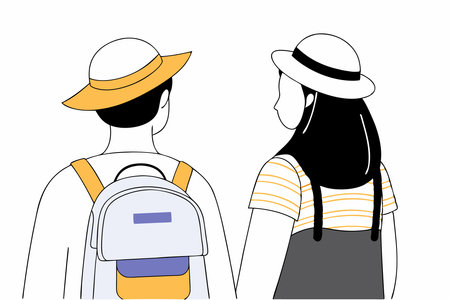 People wearing summer outfit panama back view Tourist with backpack with lgbt non binary patches standing Young woman in bucket hat walking Flat isolated vector illustration on white backgroundのイラスト素材