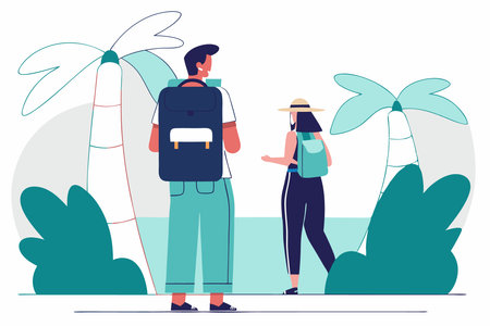 People wearing summer outfit panama back view Tourist with backpack with lgbt non binary patches standing Young woman in bucket hat walking Flat isolated vector illustration on white backgroundのイラスト素材