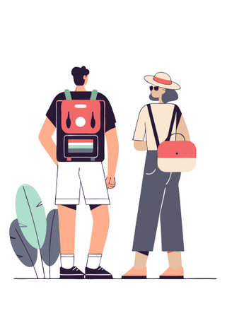 People wearing summer outfit panama back view Tourist with backpack with lgbt non binary patches standing Young woman in bucket hat walking Flat isolated vector illustration on white backgroundのイラスト素材