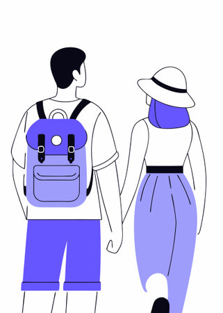 People wearing summer outfit panama back view Tourist with backpack with lgbt non binary patches standing Young woman in bucket hat walking Flat isolated vector illustration on white backgroundのイラスト素材