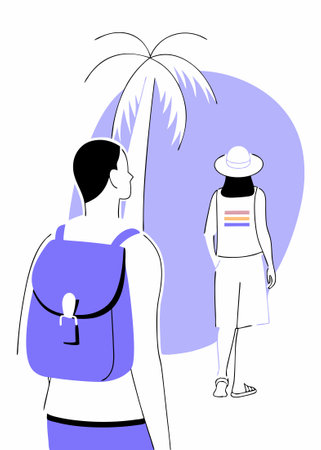 People wearing summer outfit panama back view Tourist with backpack with lgbt non binary patches standing Young woman in bucket hat walking Flat isolated vector illustration on white backgroundのイラスト素材
