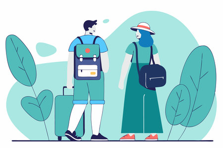 People wearing summer outfit panama back view Tourist with backpack with lgbt non binary patches standing Young woman in bucket hat walking Flat isolated vector illustration on white backgroundのイラスト素材