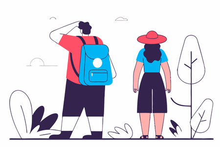 People wearing summer outfit panama back view Tourist with backpack with lgbt non binary patches standing Young woman in bucket hat walking Flat isolated vector illustration on white backgroundのイラスト素材