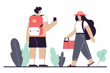 People wearing summer outfit panama back view Tourist with backpack with lgbt non binary patches standing Young woman in bucket hat walking Flat isolated vector illustration on white backgroundのイラスト素材