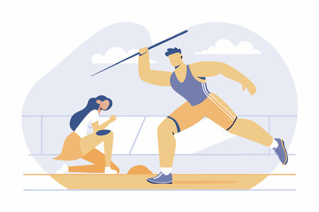 Professional athlete throws javelin Sportswoman prepares swings to toss dart spear Sportsman training Track and field sport Dynamic motion Flat illustration art on white backgroundのイラスト素材