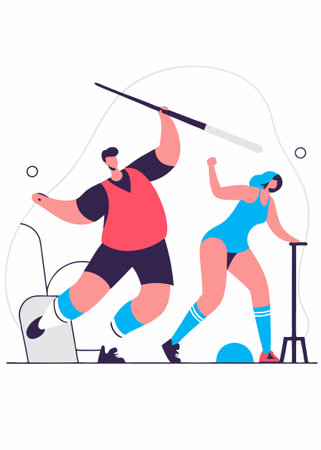 Professional athlete throws javelin Sportswoman prepares swings to toss dart spear Sportsman training Track and field sport Dynamic motion Flat illustration art on white backgroundのイラスト素材