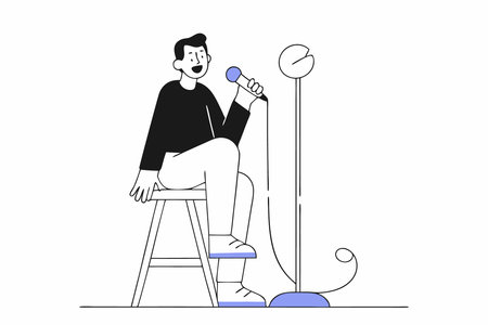Standup comedian with microphone performing his comedy Standup comic with mike telling jokes at open mic show Live performer sitting on stool Flat concept illustration art on white backgroundのイラスト素材