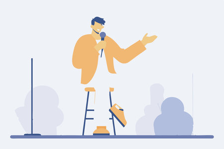 Standup comedian with microphone performing his comedy Standup comic with mike telling jokes at open mic show Live performer sitting on stool Flat concept illustration art on white backgroundのイラスト素材
