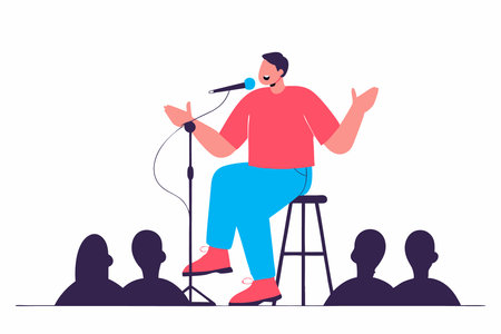 Standup comedian with microphone performing his comedy Standup comic with mike telling jokes at open mic show Live performer sitting on stool Flat concept illustration art on white backgroundのイラスト素材