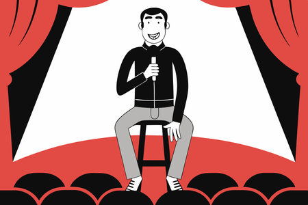 Standup comedian with microphone performing his comedy Standup comic with mike telling jokes at open mic show Live performer sitting on stool Flat concept illustration art on white backgroundのイラスト素材