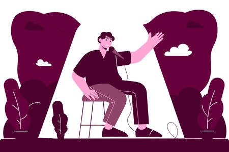 Standup comedian with microphone performing his comedy Standup comic with mike telling jokes at open mic show Live performer sitting on stool Flat concept illustration art on white backgroundのイラスト素材