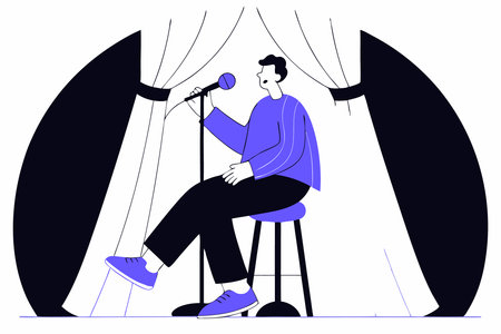 Standup comedian with microphone performing his comedy Standup comic with mike telling jokes at open mic show Live performer sitting on stool Flat concept illustration art on white backgroundのイラスト素材