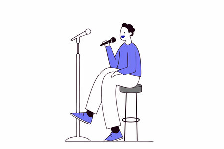 Standup comedian with microphone performing his comedy Standup comic with mike telling jokes at open mic show Live performer sitting on stool Flat concept illustration art on white backgroundのイラスト素材