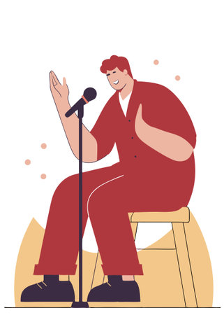 Standup comedian with microphone performing his comedy Standup comic with mike telling jokes at open mic show Live performer sitting on stool Flat concept illustration art on white backgroundのイラスト素材