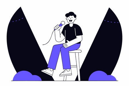 Standup comedian with microphone performing his comedy Standup comic with mike telling jokes at open mic show Live performer sitting on stool Flat concept illustration art on white backgroundのイラスト素材