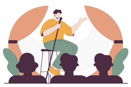 Standup comedian with microphone performing his comedy Standup comic with mike telling jokes at open mic show Live performer sitting on stool Flat concept illustration art on white backgroundのイラスト素材
