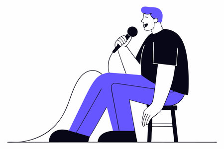 Standup comedian with microphone performing his comedy Standup comic with mike telling jokes at open mic show Live performer sitting on stool Flat concept illustration art on white backgroundのイラスト素材