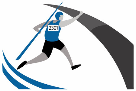 Professional athlete throws javelin Sportswoman prepares swings to toss dart spear Sportsman training Track and field sport Dynamic motion Flat illustration art on white backgroundのイラスト素材