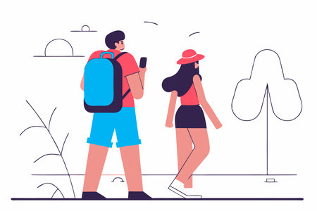 People wearing summer outfit panama back view Tourist with backpack with lgbt non binary patches standing Young woman in bucket hat walking Flat isolated vector illustration on white backgroundのイラスト素材